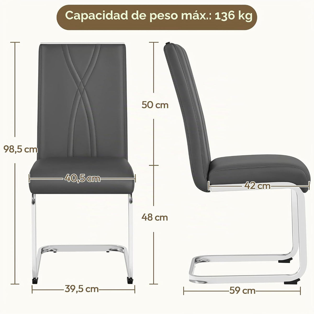 Yaheetech Esszimmerstühle, 2er-Set – Dunkelgrau – Kunstleder – 136 kg – Ergonomische Rückenlehne – U-förmiges Metallgestell