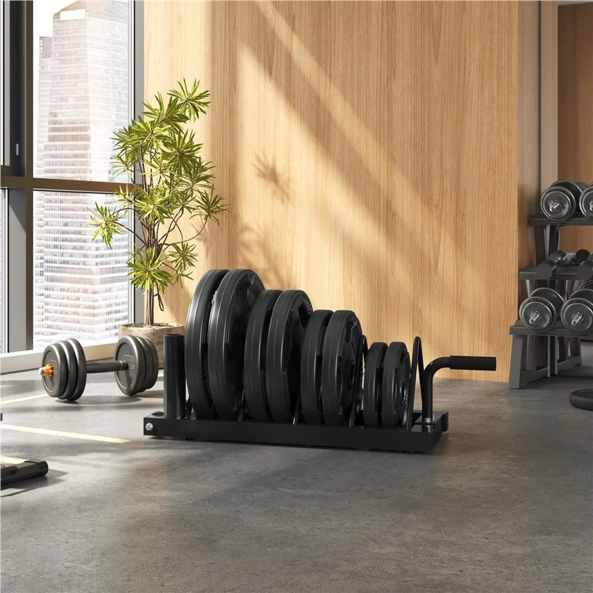 Yaheetech Halter Rack für Hanteln und Stangen - Ausgestattet mit 4 Ablagefächern und 2 Halterungen und Transportrollen - Für Olympische Hanteln und Gewichte - Schwarzes Metall - 94 x 33 x 30 cm