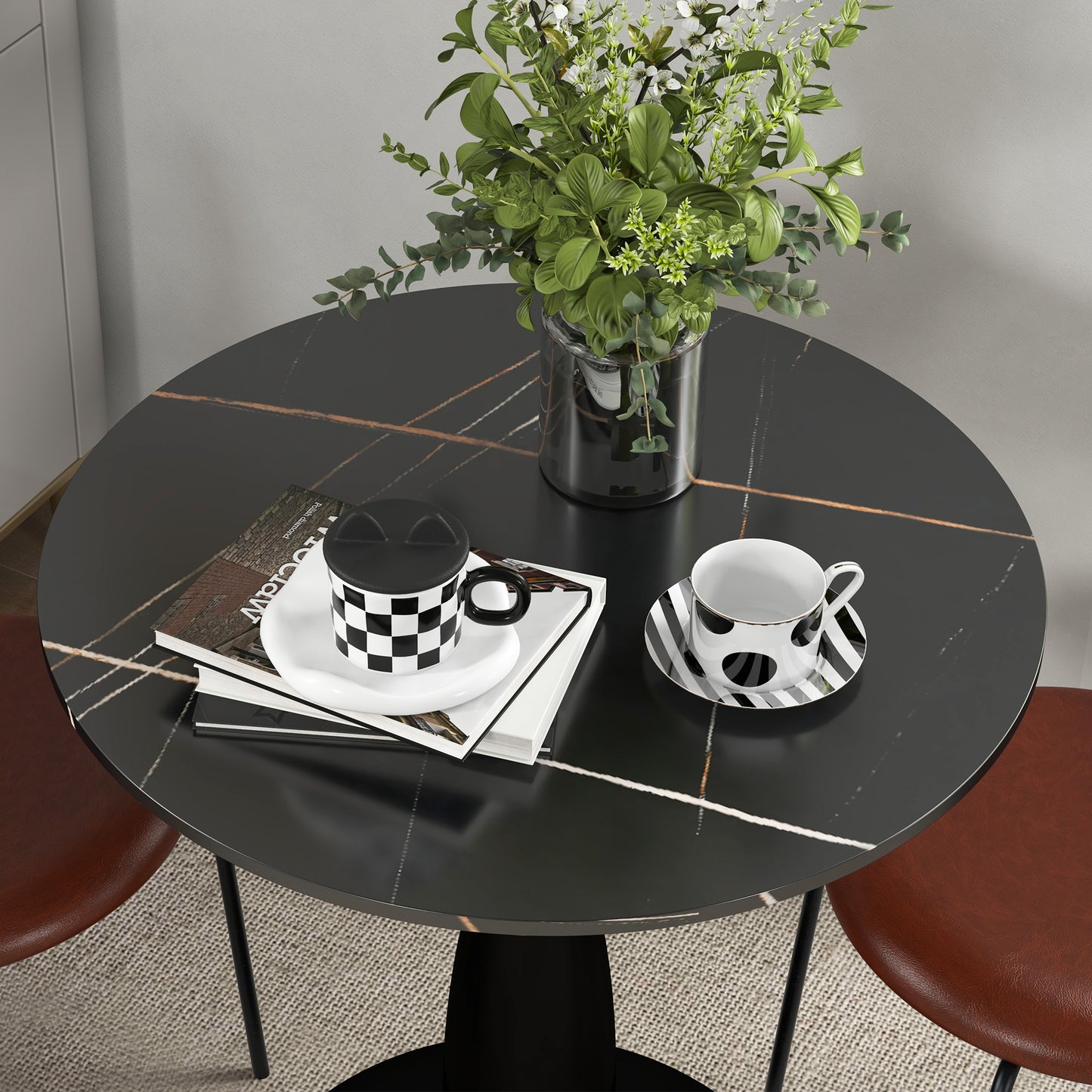 HOMCOM Runder Esstisch 70x74 cm, Schwarz, Stahl und MDF mit Melamin