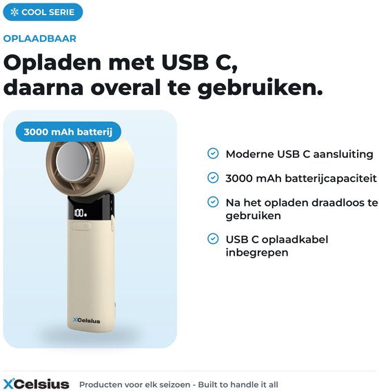 XCelsius® Handventilator – Tragbarer, zusammenklappbarer Mini-Ventilator – Über USB-C aufladbar – Stufenlos von 0 % bis 100 % einstellbar – Mit Sofort-Kühlplatte – Beige/Creme