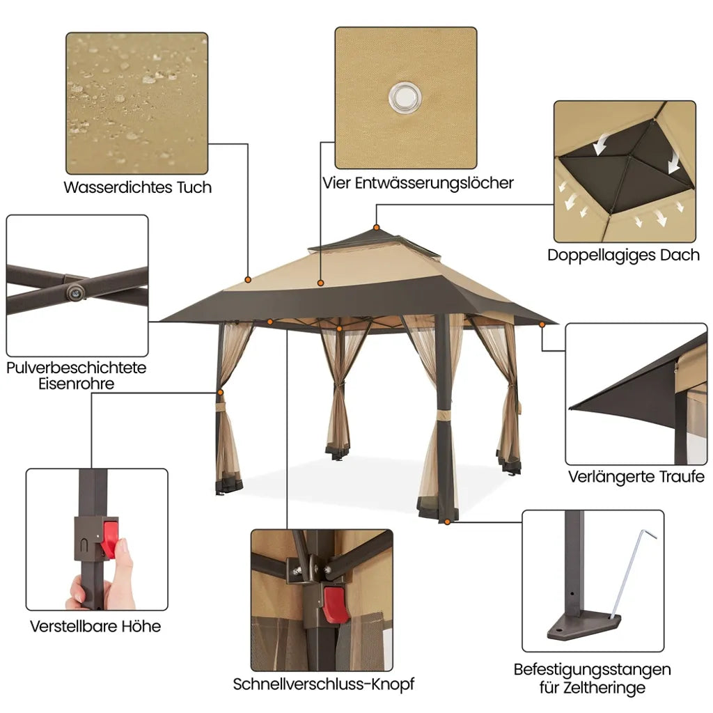 Yaheetech Partyzelt - 4 x 4 m - zusammenklappbar - Gartenpavillon - Mesh-Wände - verstellbar - 271-291 cm - Khaki/Braun