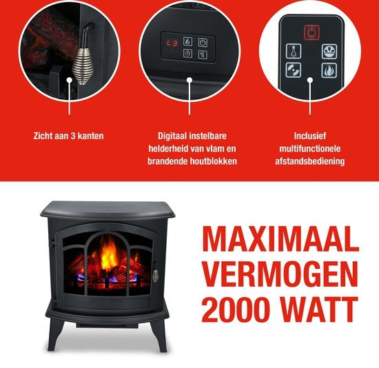 Alpina Electric Vicenza - Atmosphärischer Kamin - Fernbedienung und Timer - LED Flammen - 2000W - Schwarz - Mit Heizung