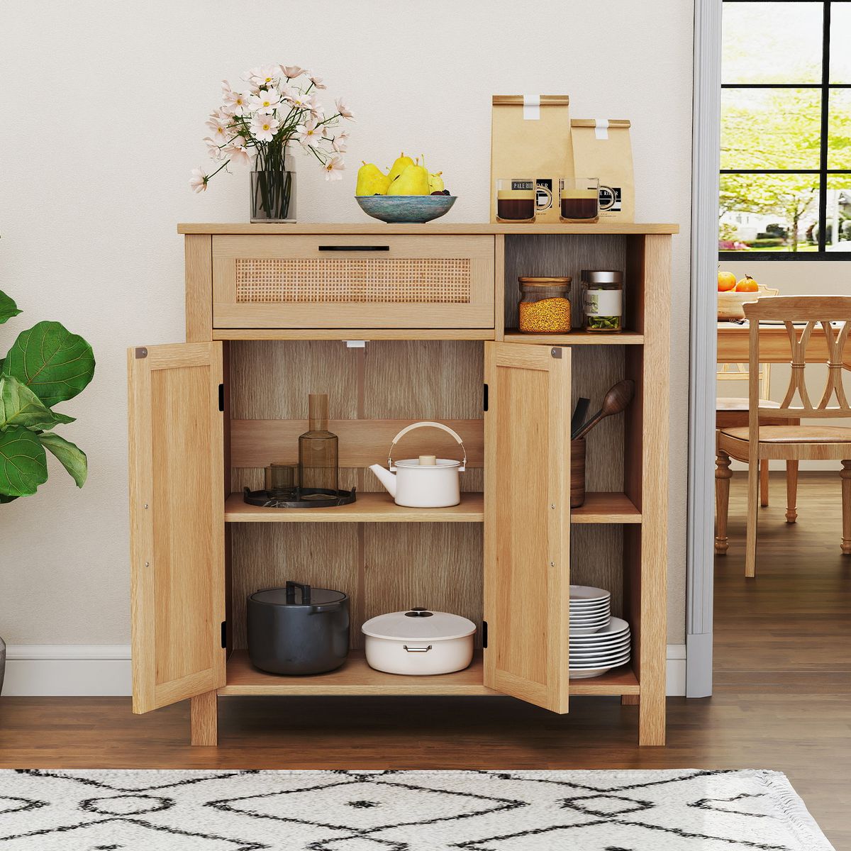 Coast Holzkommode – Türen und Schublade aus Rattan – Verstellbares Regal – Naturfarben 75 x 30 x 80 cm
