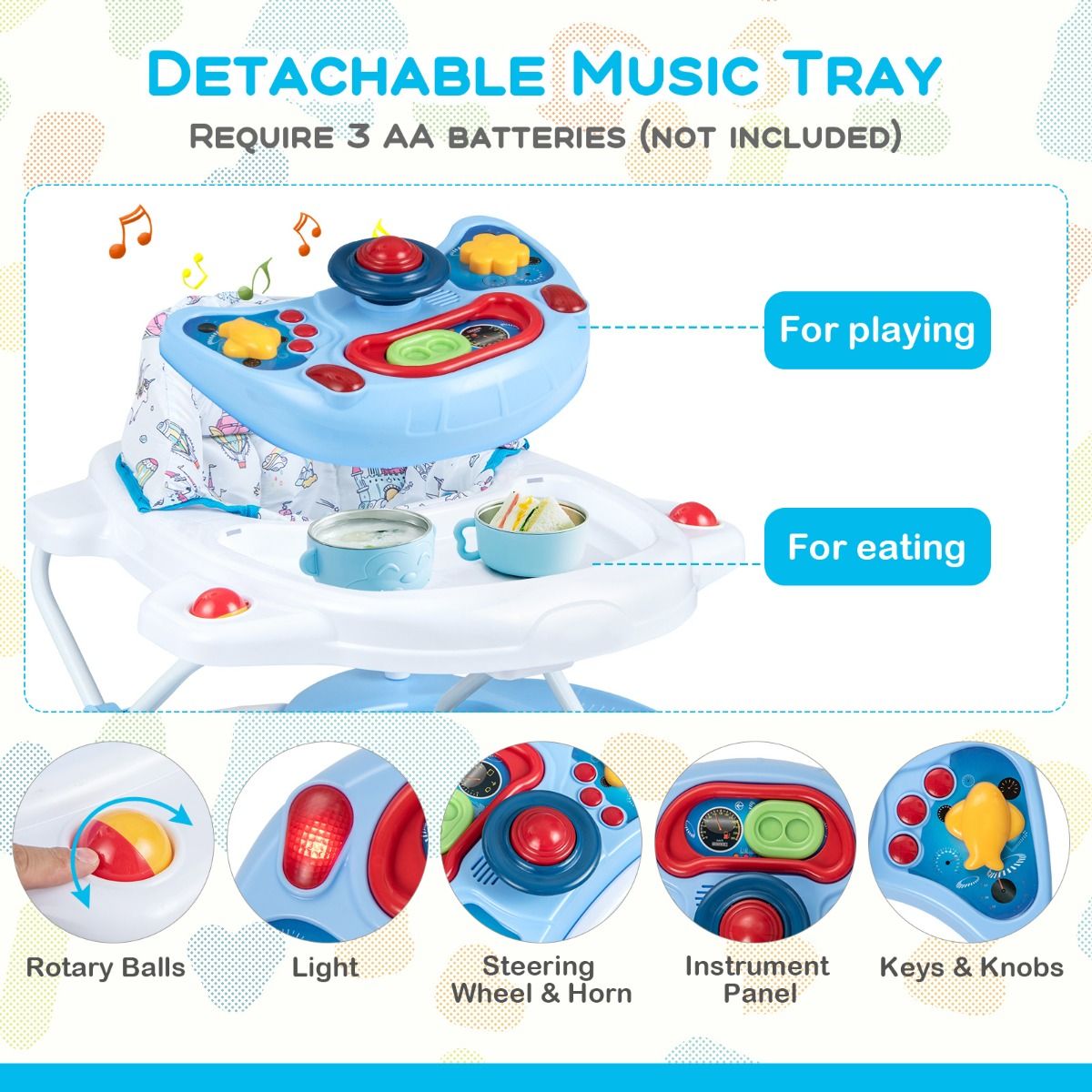 Coast 6-in-1 Kinderwagen Blau - Höhenverstellbar (71,5 x 62 x 50,5-54,5 cm) - Überrollsicher mit Notenblatt und gepolstertem Sitz