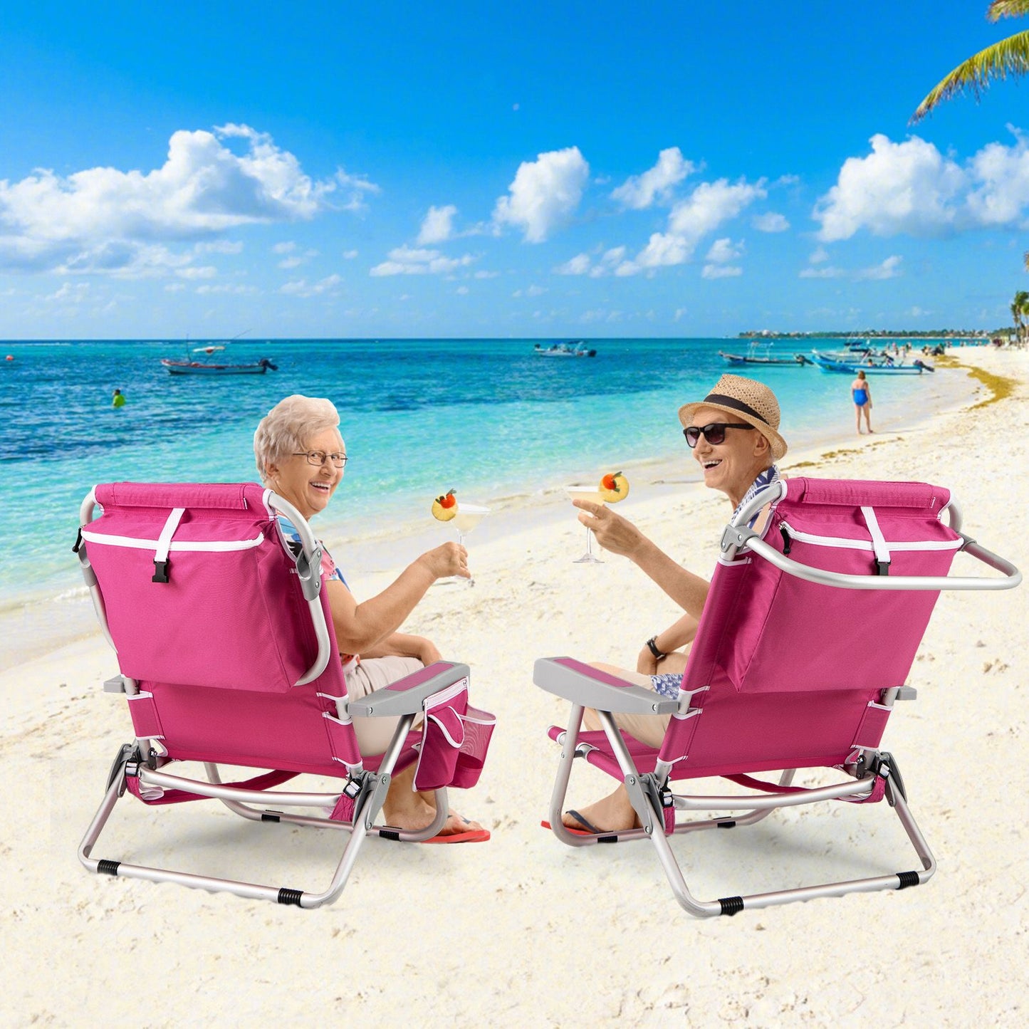 Coast Beach Chair Verstellbare Rückenlehne 5-Positionen faltbare Liege mit Becherhalter und Staufächern Rosa 66x65x78 cm - 2 Stück