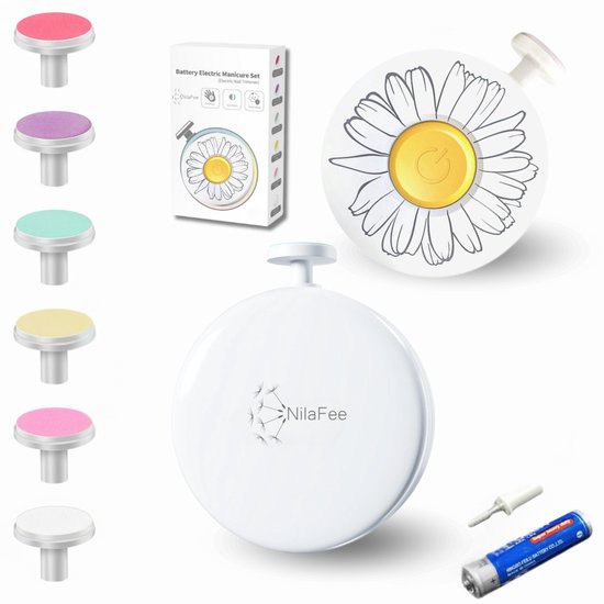 NilaFee® – Elektrische Baby-Nagelfeile – Inklusive Batterie – 7 Feilen – Maniküre-Set – Pflegeset – Nagelschere – Gänseblümchen