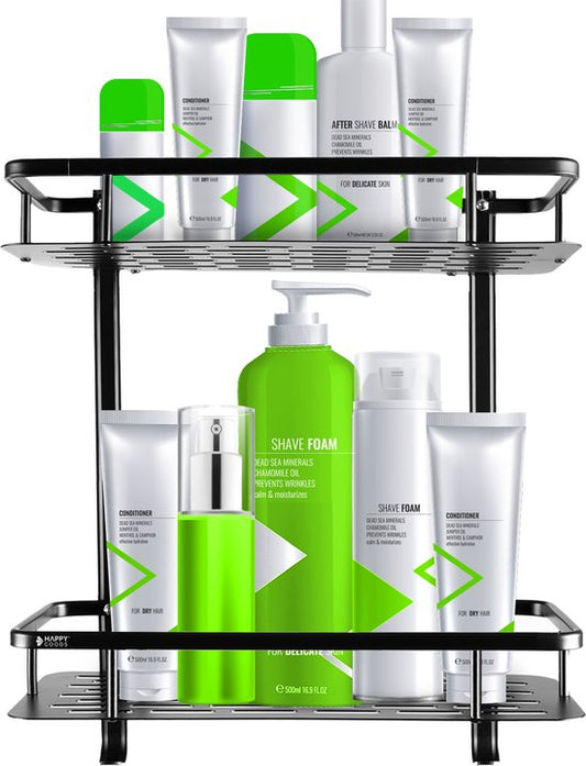 Happy Goods Duschregal - 2-lagiges Duschregal ohne Bohren - Edelstahl - Selbstklebend - Hängendes Duschregal - Badezimmerregal - Badezimmerregal - Duschregale - Schwarz