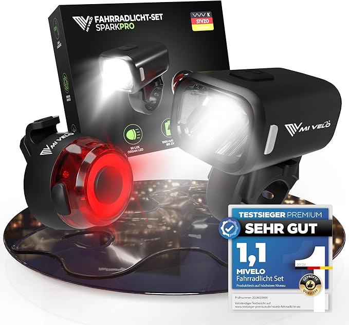MIVELO Fahrradlicht-Set - USB aufladbar & wasserdicht - 100 Lux - Smart One