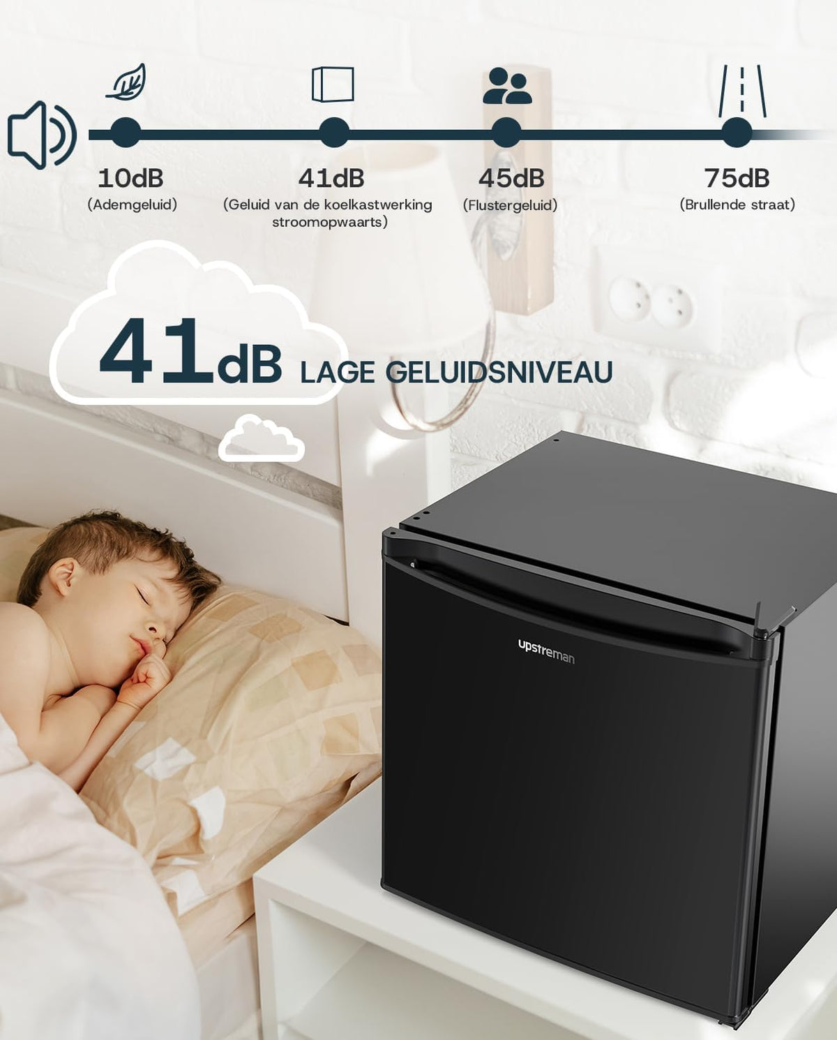 Upstreman Mini-Kühlschrank mit Gefrierfach FR17 – 46 Liter – 41 dB leise – Schwarz – Metall