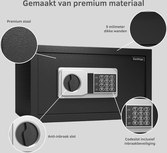 Earkings Safe 23x41x33 cm mit Zahlenschloss - Tresor Elektronische Spardose - Inklusive Befestigungsmaterial, zwei Notschlüsseln und Alarmschloss