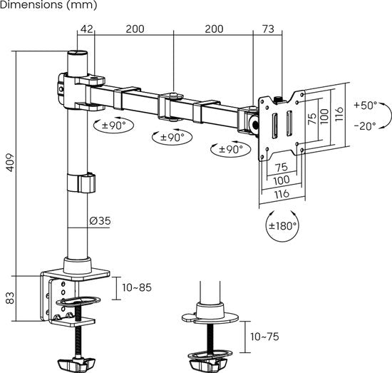 VDD – Monitorarm – Monitorarm für 1 Bildschirm – Monitorarm 49 Zoll – Hochbelastbarer Monitorarm – max. 20 kg – max. 49 Zoll – 1 Monitor