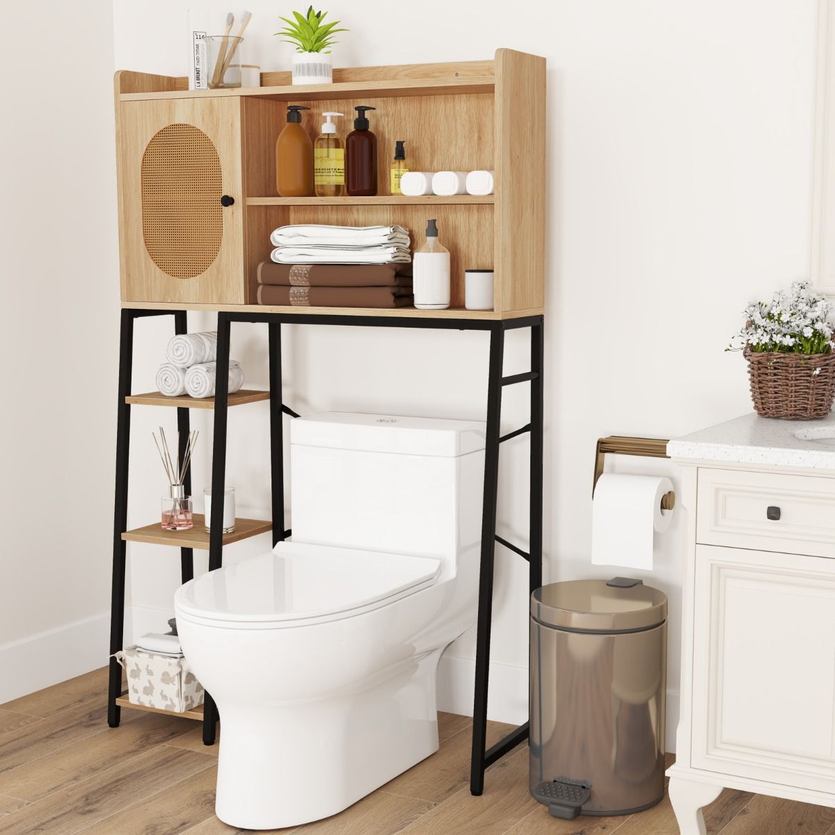 Coast Toilettenschrank 89x29x139 cm Natur - Freistehender Waschplatz mit PE-Rotan-Tür, Ablagefächern und verstellbarem Einlegeboden