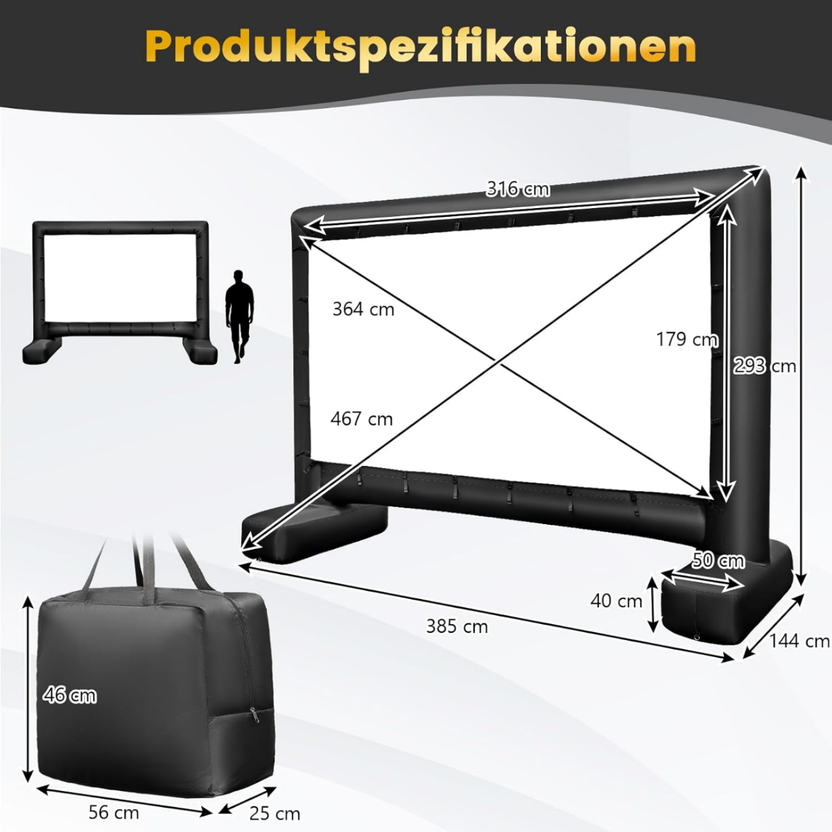 Aufblasbare Projektionswand Coast - Indoor & Outdoor - Kinoleinwand mit Luftgebläse und Erdspießen - Doppelseitig - Schwarz