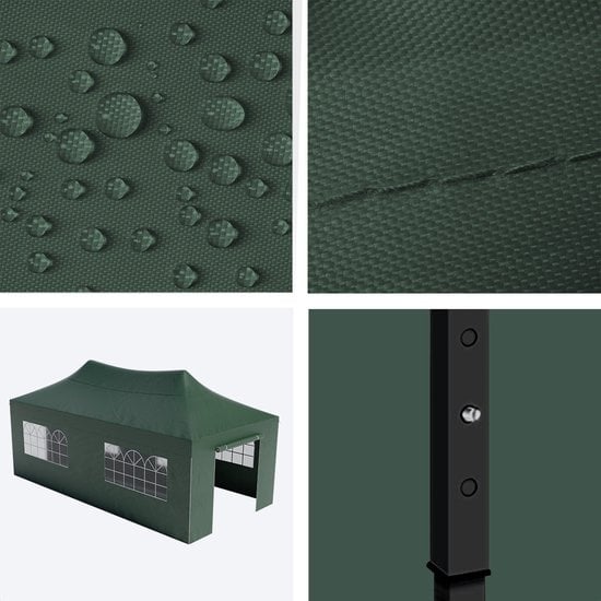 LifeGoods Partytent - Paviljoen - 3x6 m - Zijwanden - Easy Up - Opvouwbaar - Waterdicht - Draagtas met Wieltjes - Donkergroen