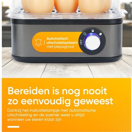 KitchenApp Eierkocher elektrisch - Geeignet für 8 Eier - Mit Zeitschaltuhr - Inklusive Messbecher - Silbergrau