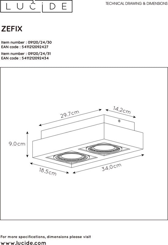 Lucide ZEFIX – Deckenstrahler (Deckenleuchte) – LED „Dim to warm“ – GU10 (ES111) – 2×12 W, 2200 K/3000 K – Schwarz