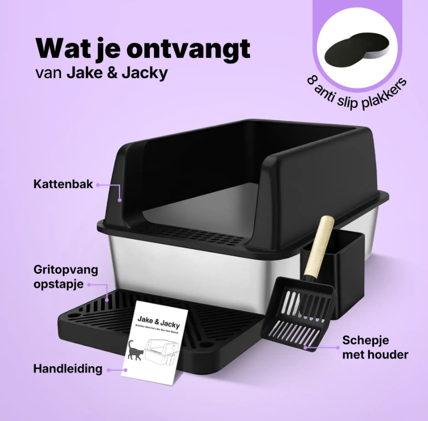 Jake & Jacky Edelstahlstreukasten - offen - 60x40x30 cm - schwarz - geruchsfrei - mit Streusammelstufe und Schaufel