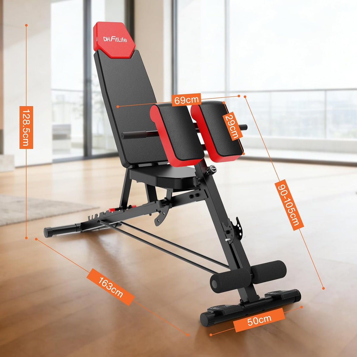 DH FitLife 6-in-1-Hantelbank – Verstellbare Rückenlehne – Hyperextension & Nordic Curl – Bis zu 350 kg – 163 x 50 x 130 cm – Schwarz