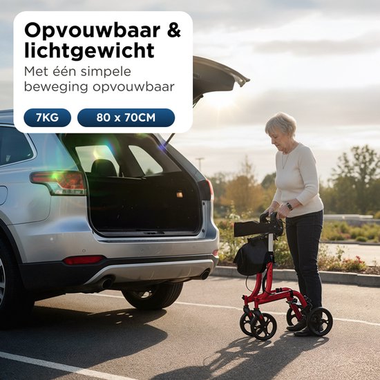 Medzone Rollator leicht und faltbar - Sitzfunktion - für drinnen und draußen - Rückenlehne und Gehstockhalterung - Champagner - Rot