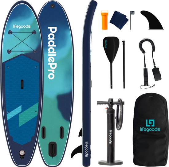 LifeGoods SUP-Board Allround Compact – 100 kg Tragkraft – 300 x 76 cm – Aufblasbar – Komplettes SUP-Set – Blau/Grün