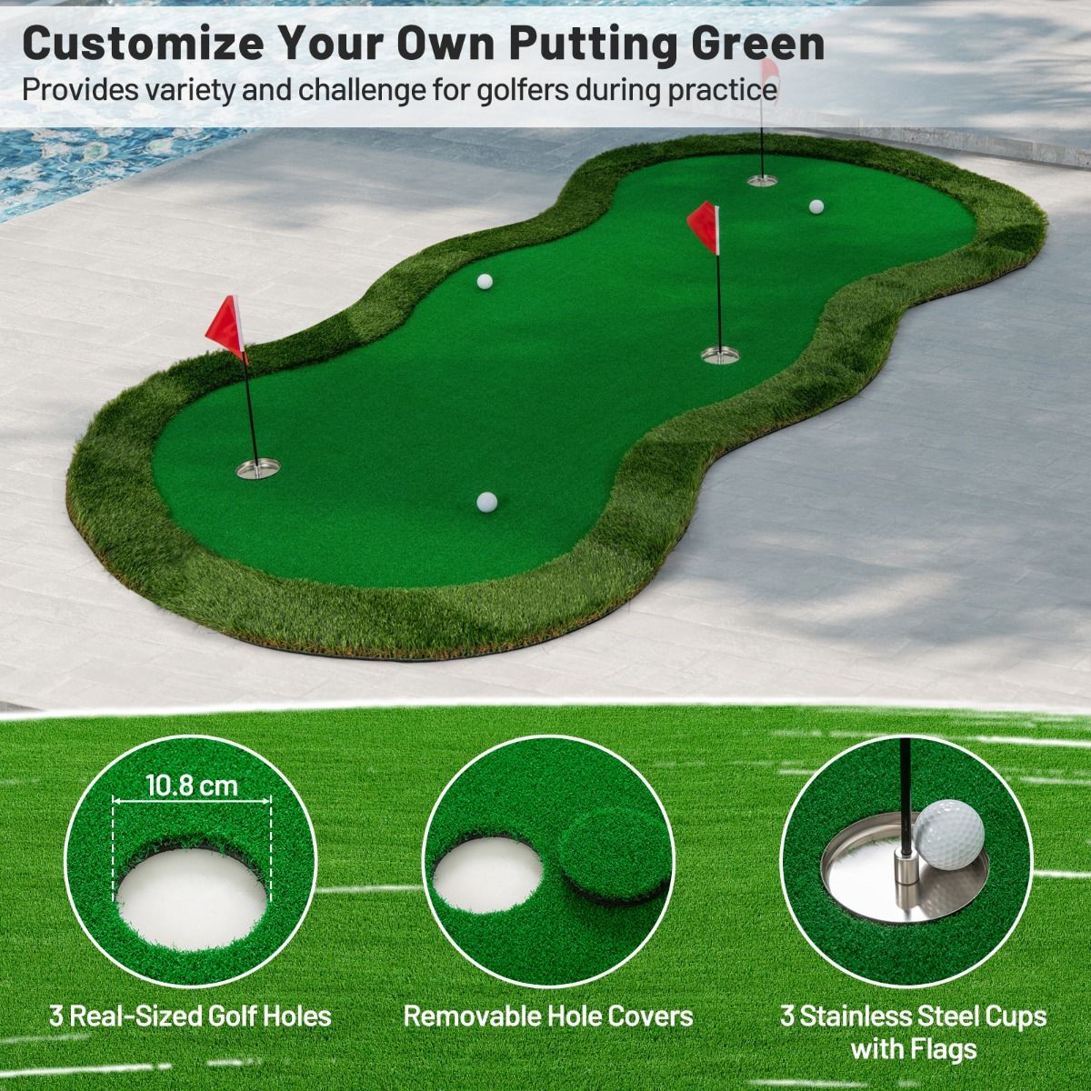 Coast Golf-Puttingmatte – 3 Löcher – inklusive Golfbälle und Flaggen – 300 x 150 cm – grün