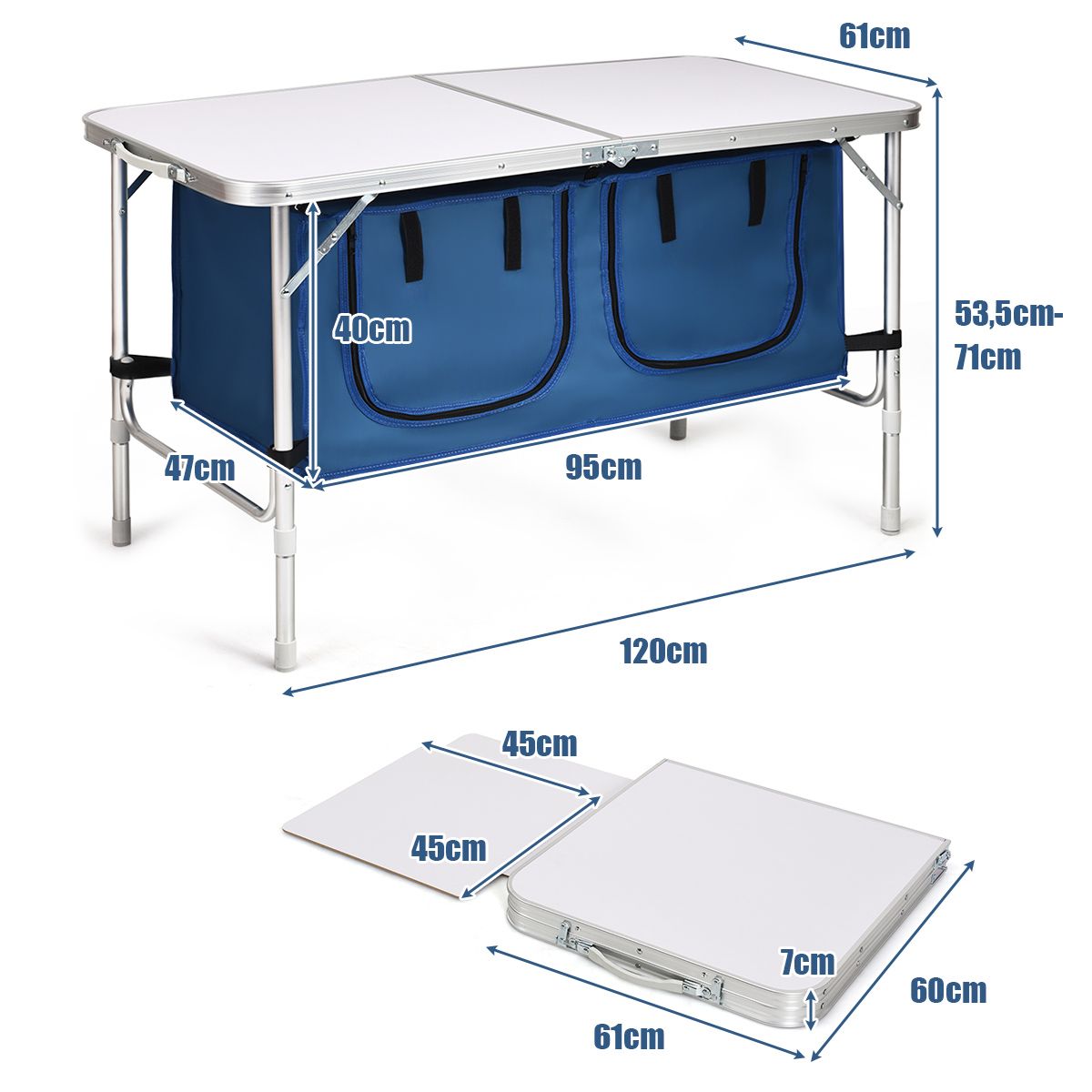 Coast Campingtisch mit Stauraum – höhenverstellbar – zusammenklappbar – dunkelblau 120 x 60 cm