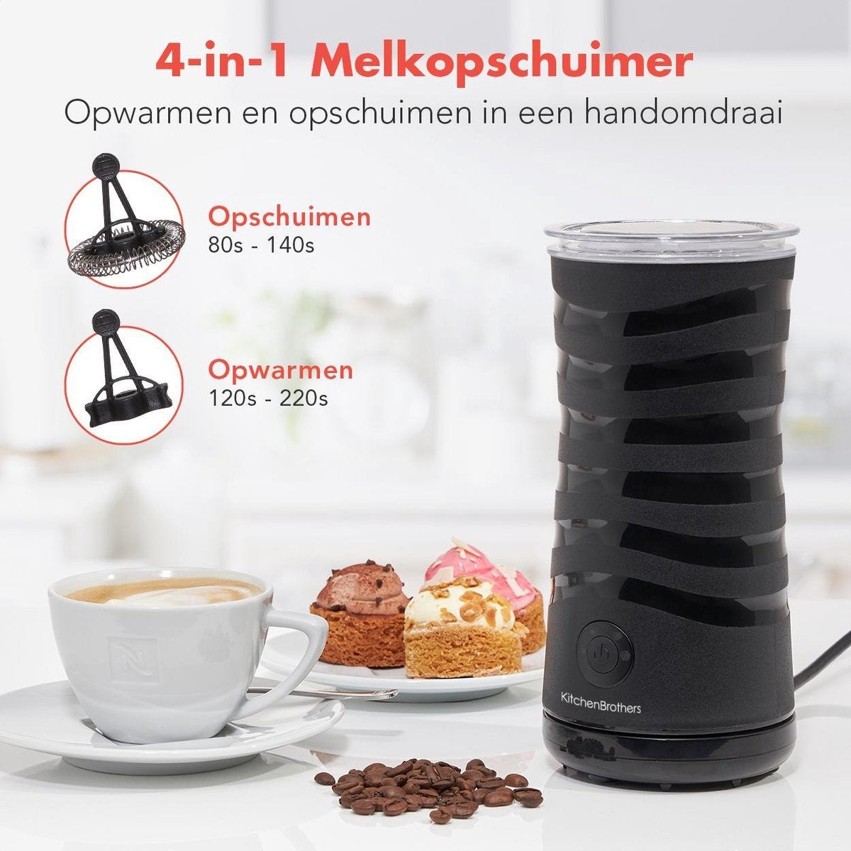 KitchenBrothers Elektrischer Milchaufschäumer - 4-in-1 - 240 ML - Schwarz