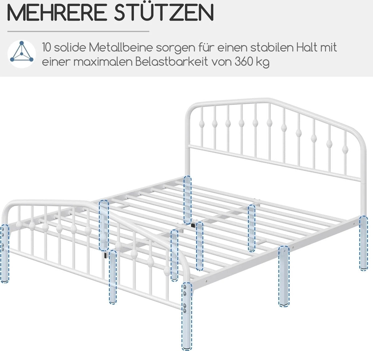 Yaheetech Klassisches Metallbett mit hohem Kopfteil 160 x 200 cm – Weiß – Metall