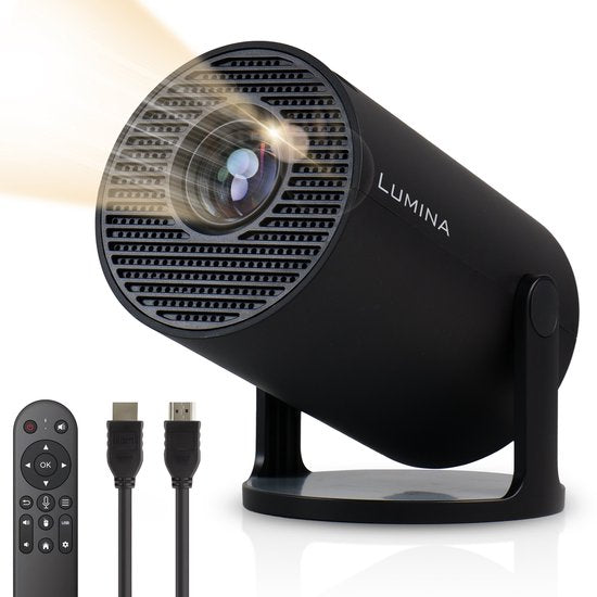 Lumina® Pro Mini Beamer 2026 - Android 14 Smart Projektor mit Google Playstore - Heimkino - Für iOS & Android - WiFi 6 & Bluetooth 5.4 - Schwarz