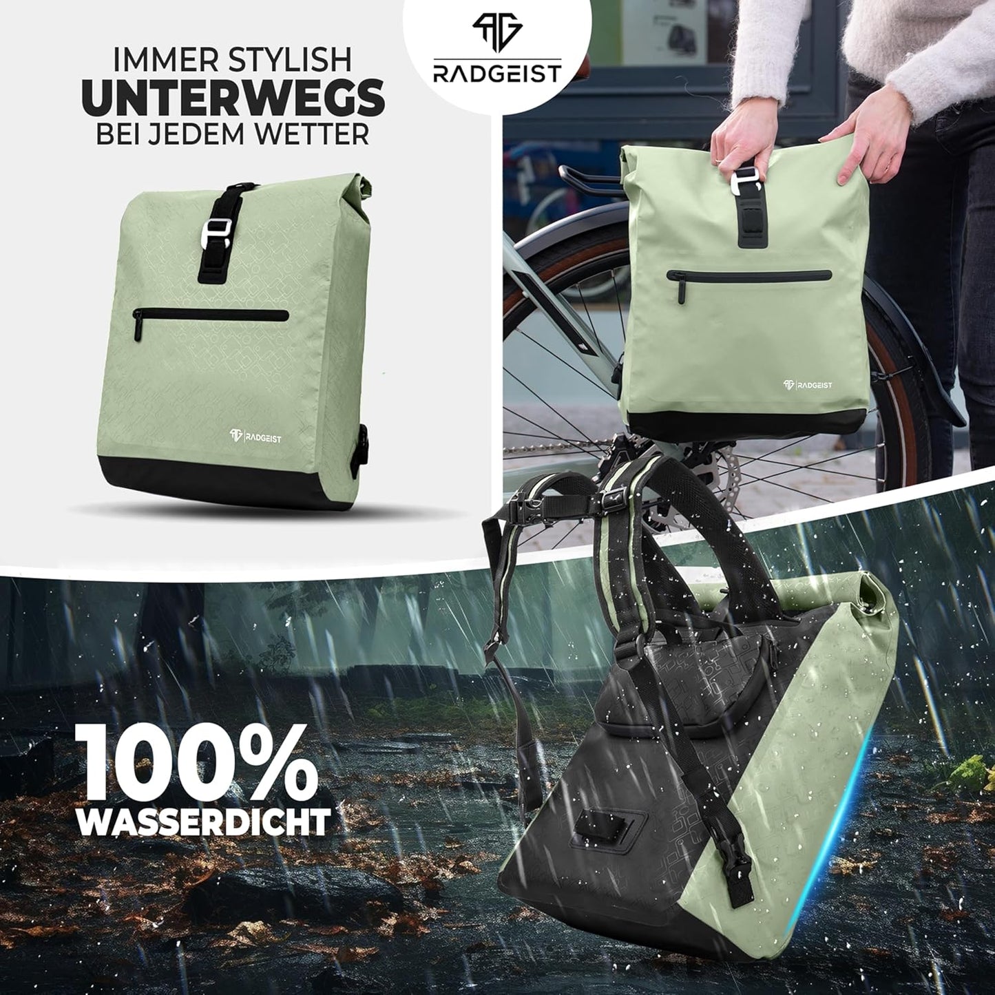 RADGEIST Fahrradtasche für Gepäckträger - Fahrradtasche & Rucksack - Für Frauen & Männer - 20L - Mint