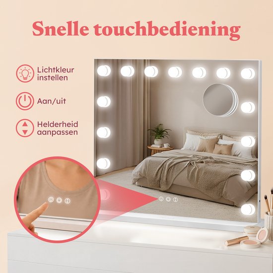 Fraay® Hollywood Spiegel mit Beleuchtung 60x50cm - 3 Lichtstufen - Luxus Make Up Spiegel mit 10-facher Vergrößerung Spiegel - LED Beleuchtung dimmbar - Inkl. 2 Beauty Blenders und Puderquaste