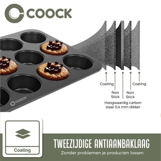 COOCK - Muffin Bakvorm met 12 Cupcake Vormpjes - Non Stick | Incl. Papieren vormpjes & E-book
