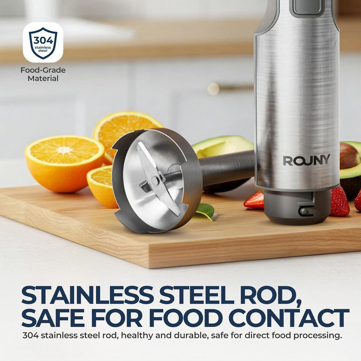 Rouny 4-in-1-Stabmixer PHB8001 – 1200 W – mit 700-ml-Messbecher, Schneebesen und 500-ml-Zerkleinerer – Edelstahl – Sicherheitsverriegelung