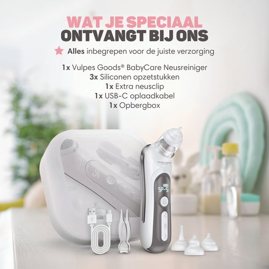 Vulpes Goods® BabyCare - Baby-Nasenreiniger - Baby-Nasenreiniger elektrisch - Nasendusche elektrisch - Nasenreiniger - Nasenwischer - Nasensauger - Große Batterie - USB C - PRO