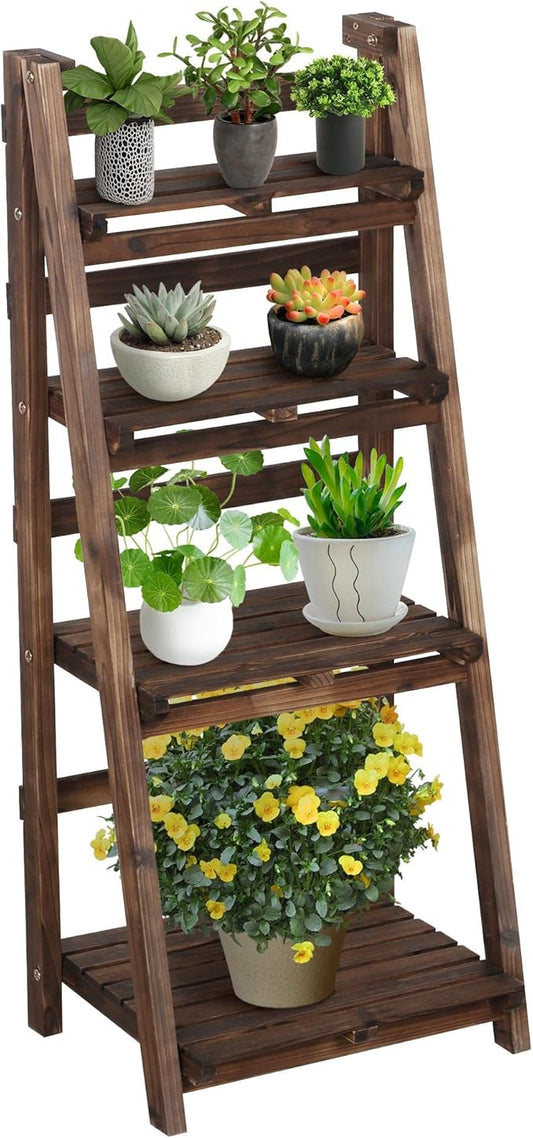 Yaheetech Pflanzenregal, 4-stöckig, zusammenklappbar – Braun – Blumenregal aus Holz für drinnen und draußen