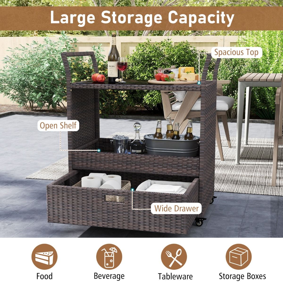 Coast Barwagen aus Korbgeflecht – mit Platte aus gehärtetem Glas – große Schublade und offenes Regal – braun – 85 x 47 x 92 cm