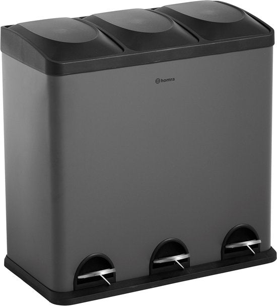 Homra MAXER Mülleimer - 3 Fächer - 60 Liter (3x 20L) - Tret-Abfalleimer - Grau