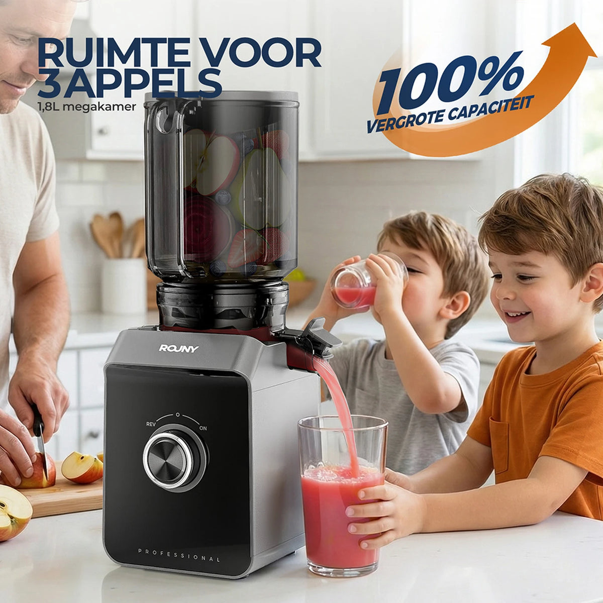 Rouny Slow Juicer FF Pro Max – 150 W Kaltpress-Entsafter – 130 mm Einfüllöffnung – Filterfrei – Fruchteis-Funktion – 1,8 l – Schwarz
