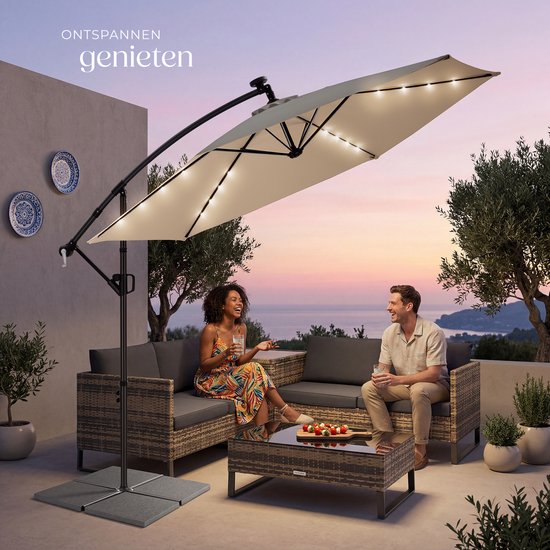 tectake® Schwebeschirm mit Sockel – 3 x 3 m – Gartenschirm mit solarbetriebener LED-Beleuchtung – drehbar – wasserabweisendes Polyester mit UV-Schutz – inklusive Schutzhülle – Beige