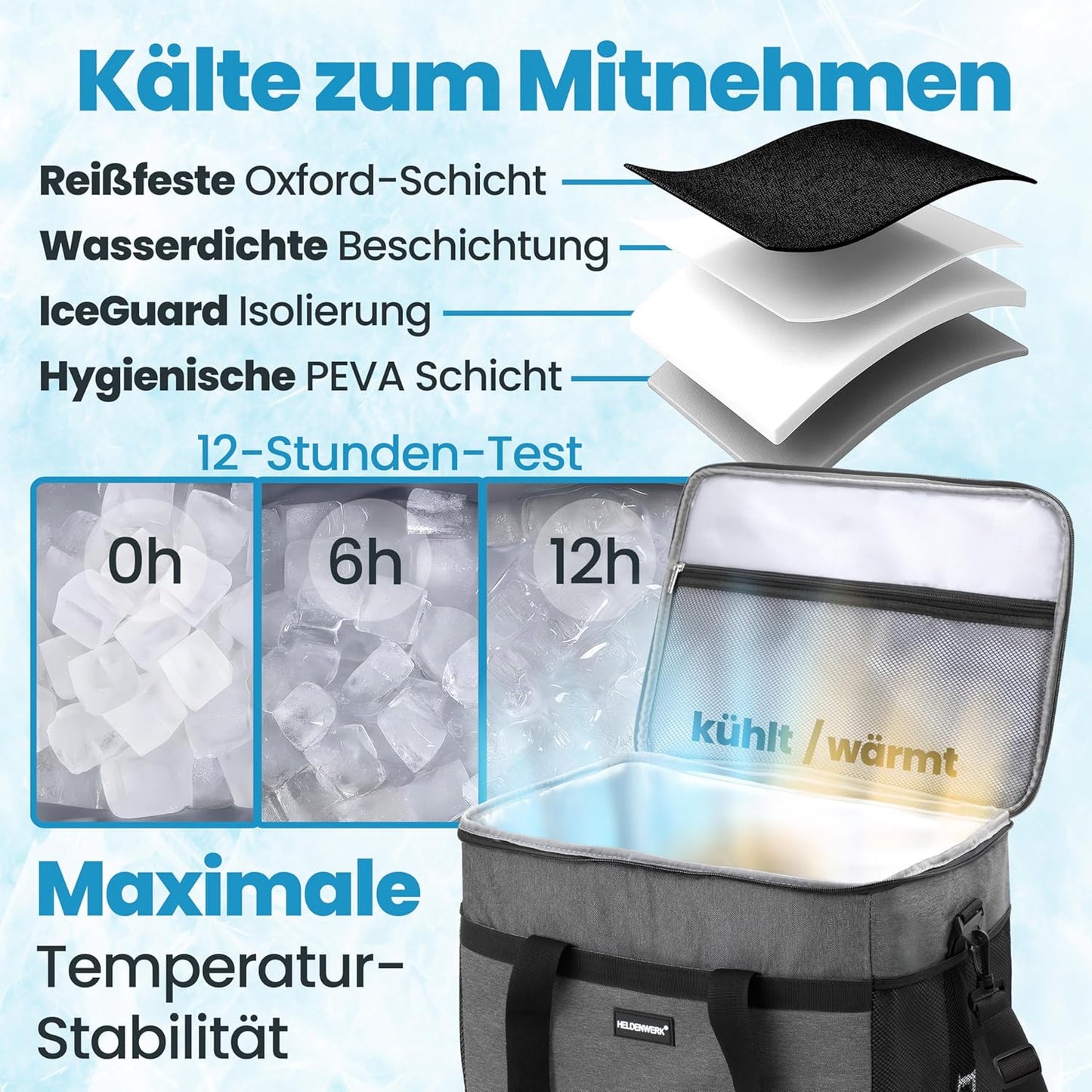 Heroic Kühltasche - 30L - 12 Stunden - 7 Fächer - Grau