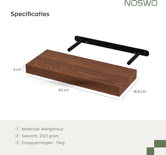 Noswo Schwebendes Wandregal - 2er Set mit 15 kg Belastbarkeit - Massives Mangoholz - Wandregal - 43x16,8 x4 cm - Kann als Wandregal, Bücherregal und Fotoregal verwendet werden - Inklusive Befestigungsmaterial