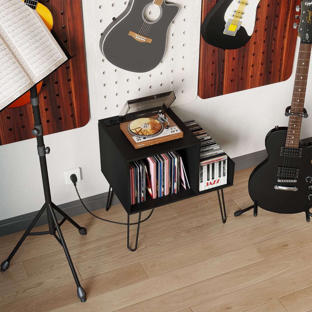Coast Plattenspieler-Ständer – Beistelltisch mit Steckdose und USB-Anschluss – Mid-Century-Stil – weiß/schwarz/braun – 66 x 45 x 67 cm