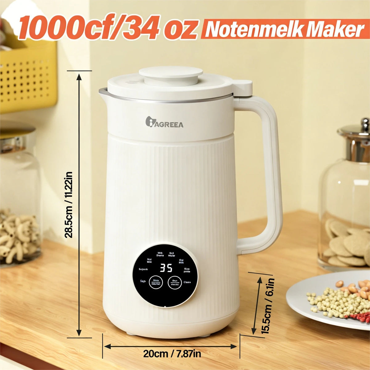 Iagreea Nussmilchbereiter 8-in-1 1000 ml – Soja- und Hafermilchbereiter mit Heizfunktion – Weiß