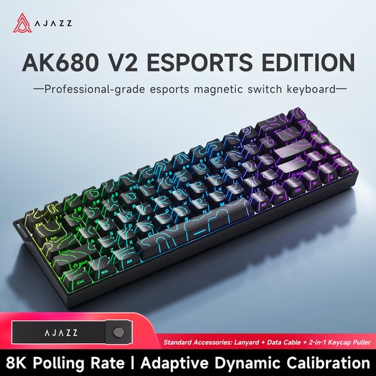 Ajazz AK680 V2 HE – 65 % kabelgebundene Gaming-Tastatur – magnetische Tasten – Hall-Effekt – Rapid Trigger – QWERTY – schwarze Konturlinie