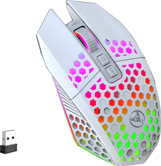 HXSJ T500 - Kabellose Gaming-Maus - Ultraleicht - RGB-Beleuchtung - Hellweiß