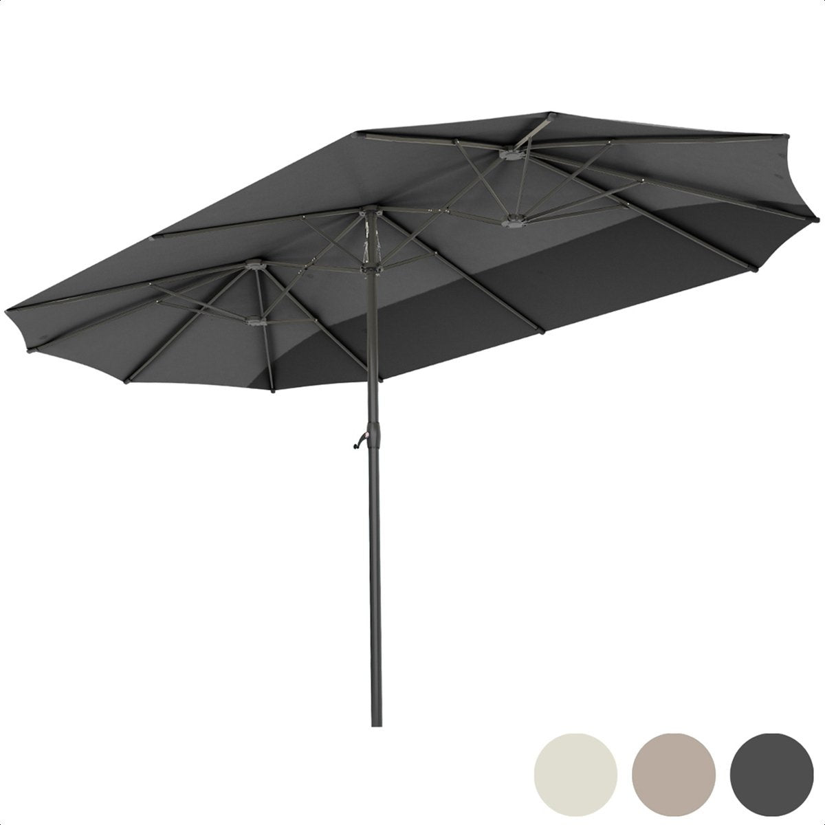 LifeGoods Doppelter Sonnenschirm - 270x460cm - Bis zu 15 Personen - Wasserdicht - Mit Bezug - Dunkelgrau