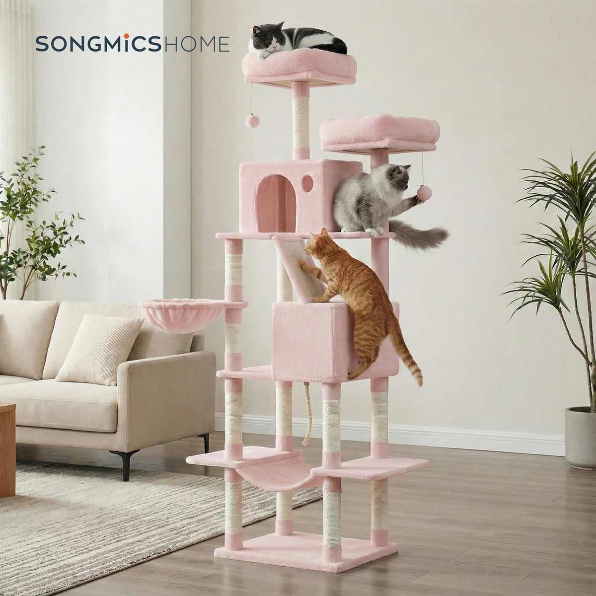Joyfurnos Kratzbaum 206 cm – XXL-Katzenkletterturm mit 13 Kratzstämmen, 2 Katzenhäuschen und Hängematte – Rosa