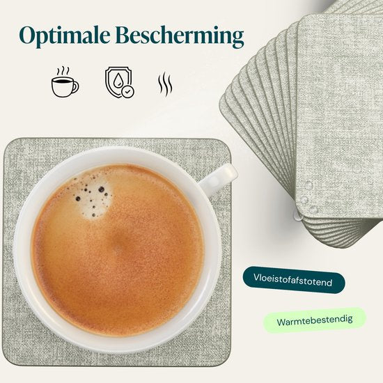 Castagnola Untersetzer aus Kunstleder – Untersetzer für Gläser – Design-Untersetzer mit Halter – Untersetzer-Set aus Kunstleder mit Metallhalter – Leder – 10er-Set – Grün meliert – 10 x 10 cm