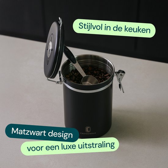 Castagnola Kaffeevorratsbehälter 1,8L - Mattschwarz - Luftdicht mit CO2-Auslass - 600 Gramm - 12,5 x 12,5 x 19 cm