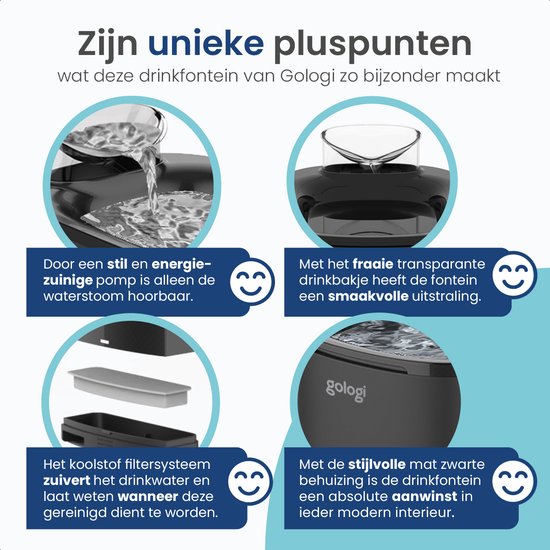 Gologi Trinkbrunnen Katze und Hund - 3.5L - Smart Water Fountain mit App - Katzenbrunnen - Silent - Schwarz